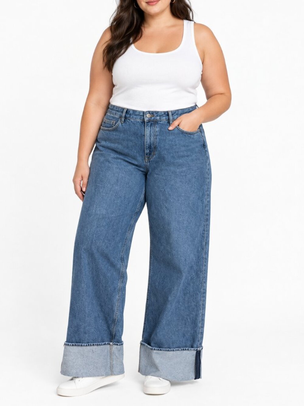 H&M Women's Wide Leg High Rise Cuffed Jeans Medium Wash Size 14 NWT